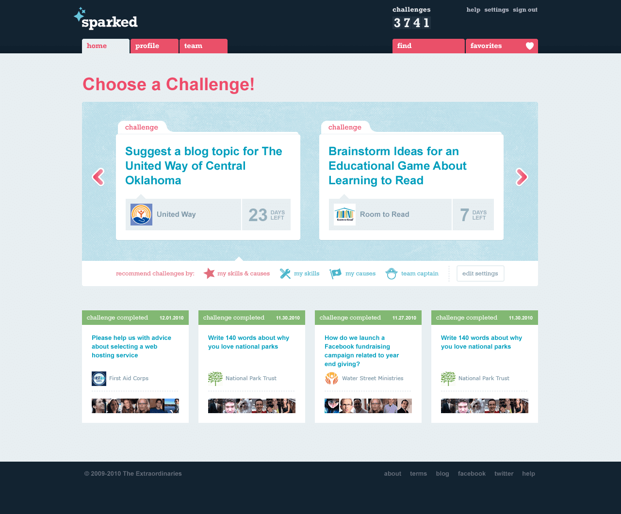 Sparked home page / challenge browse